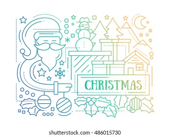 Merry Christmas simple line design card with holidays symbols - Santa Claus, Christmas tree, house, mistletoe