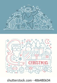 Merry Christmas simple line design card with holidays symbols - Santa Claus, Christmas tree, house, mistletoe