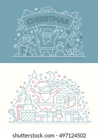 Merry Christmas simple line design cards with holidays symbols - Santa Claus, Christmas tree, house, mistletoe