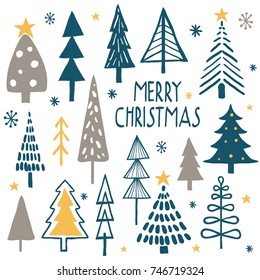 Merry christmas  Simple minimalist trees  Doodle forest set  Cartoon hand drawn vector illustration  Holiday  new year set for greeting cards  backgrounds wrapping paper designs