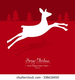 Merry Christmas - Simple Red Vector Greeting and Christmas Card Template with Shapes - Handwritten Greeting Text - Seasonal New Years Eve Background - XMas, X-Mas. Jumping Cute Fawn Silhouette