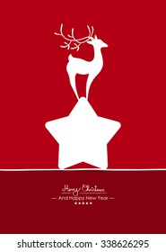 Merry Christmas - Simple Red Vector Greeting and Christmas Card Template with Shapes - Handwritten Greeting Text - Seasonal New Years Eve Background - XMas, X-Mas. Abstract Fawn on White Star - Deer