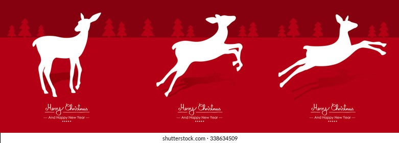 Merry Christmas - Simple Red Vector Greeting and Christmas Card Template Set with White Fawn Motion Sequence. Deer Shapes - Handwritten Greeting Text - Seasonal New Years Eve Background - X Mas, X-Mas