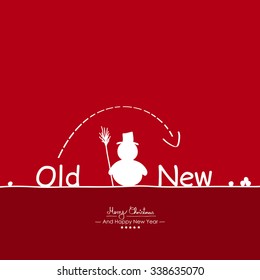 Merry Christmas - Simple Red Vector Greeting and Christmas Card Template with Shapes - Handwritten Greeting Text - Seasonal New Years Eve Background - XMas, X-Mas. Snowman, Snowballs and Old New Text