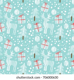 Merry Christmas. Simple seamless pattern with gifts boxes, deer and snow.