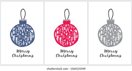 Merry Christmas. Simple Christmas Vector Illustrations with Red, Blue and Gray Floral Baubles Isolated on a White Background. Cute Christmas Prints Ideal for Card, Label, Tags, Decoration.