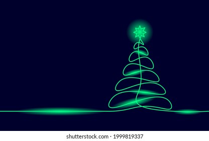 Merry Christmas single continuous line art. Holiday greeting card decoration neon glowing concept. Fir forest wood design one sketch outline drawing vector illustration