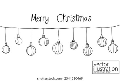 Merry Christmas single continuous line art. Holiday greeting card decoration Christmas tree ball lettering silhouette concept design one sketch outline drawing vector illustration
