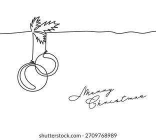 Feliz Navidades de una sola línea de arte. Festiva tarjeta de felicitación decoración de la bola del árbol de Navidad diseño de concepto de silueta un boceto de dibujo de esquema de Ilustración vectorial. Navidades de una línea de arte.