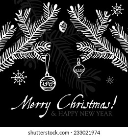 Merry Christmas. Christmas sketch black & white design card. Vector illustration