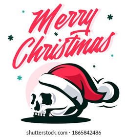 Merry Christmas with skull wearing santa hat