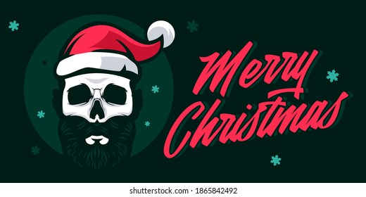 Merry Christmas with skull wearing santa hat
