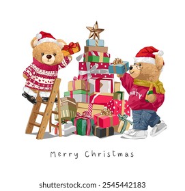 Merry Christmas slogan with bear doll couple with stack of present boxes vector illustration