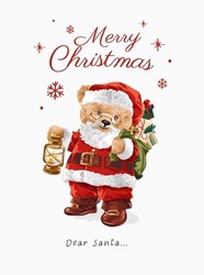 Merry Christmas Slogan With Cute Bear Doll In Santa Claus Custume Vector Illustration
