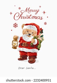 Merry Christmas slogan with cute bear doll in Santa Claus custume vector illustration