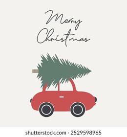 Merry Christmas slogan inscription. A red car carries a Christmas tree on a light background. Winter holiday illustration. Greeting vector card. Happy New Year background.