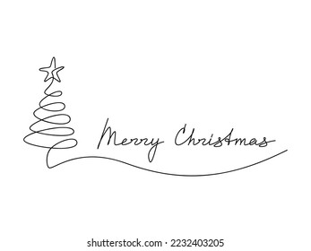 Merry Christmas slogan quote with linear fir tree star icon. Vector handwritten lettering. Modern line calligraphy, text design for print, banner, wall art poster, winter holiday greeting card, logo.