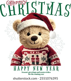 Merry christmas slogan, teddy bear illustration vector