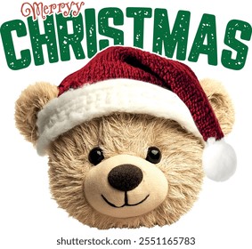 Merry christmas slogan, Teddy bear illustration, New year theme