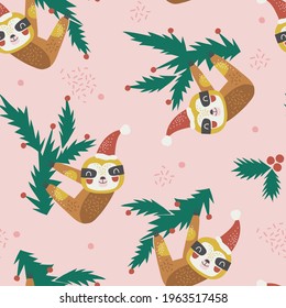 Merry Christmas sloth hanging on fir tree branch vector seamless pattern. Funny decorative party animal background. Holly Xmas print design for kids. 