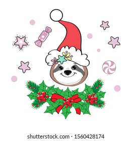 Merry Christmas sloth on a white background. New Year concept