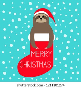 Merry Christmas. Sloth in red sock. Santa hat. Snow flake. Slow down, Cute cartoon funny kawaii lazy character. Happy New Year. T-shirt, greeting card, poster print. Flat design Blue background Vector