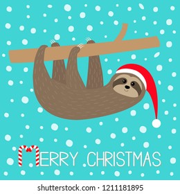 Merry Christmas. Sloth sitting hanging on branch. Santa hat. Face and hands. Cute cartoon character. Hello winter. Snowflake. Baby animal. Snow falling. Slow down Blue background Flat design Vector