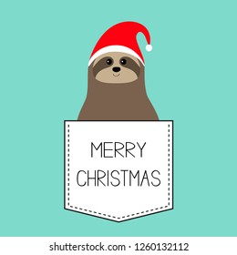 Merry Christmas. Sloth sitting in the pocket, Red Santa Claus hat. Cute cartoon funny kawaii character. Happy New Year. T-shirt, greeting card, poster print. Flat design. Blue background. Vector