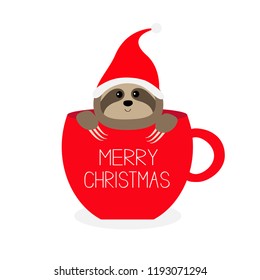 Merry Christmas. Sloth sitting in red coffee cup teacup. Santa hat. Face and hands. Cute cartoon character. Hello winter. Wild animal. Slow down. Baby education. White background. Flat design. Vector
