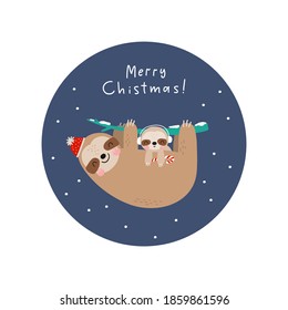 Merry Christmas Sloth - vector card. Mom and baby sloth