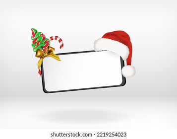 Merry Christmas smart phone mockup in horizontal orientation with santa claus hat, candy tree and cane isolated on white background. Editable abstract 3D Vector illustration