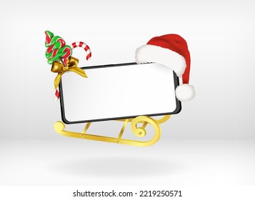 Merry Christmas smartphone mockup in horizontal orientation with santa claus hat, candy tree, cane on a golden sleigh. Editable 3D Vector illustration