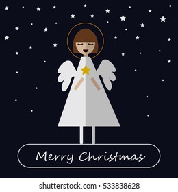 Merry Christmas. Smiling angel with star on dark background. Hand drawn flat vector illustration.