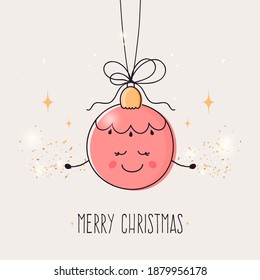 Merry Christmas. Smiling Christmas ball with golden confetti. 