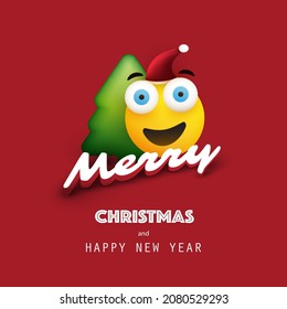 Merry Christmas! - Smiling Emoji with Red Santa Hat and Christmas Tree - Card with Simple Happy Emoticon on Red Background - Vector Design