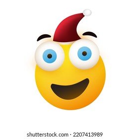 Merry Christmas! - Smiling Yellow Emoji with Red Santa Hat with Pop Out, Wide Open Eyes - Simple Shiny Happy Emoticon, Head Isolated on White Background - Vector Design