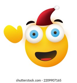 Merry Christmas! - Smiling Yellow Emoji with Red Santa Hat with Pop Out, Wide Open Eyes and Waving Hand - Simple Shiny Happy Emoticon, Head Isolated on White Background - Vector Design
