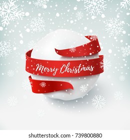 Merry Christmas, snow ball with red bow and ribbon around, on winter background. Greeting card, brochure or poster template. Vector illustration.