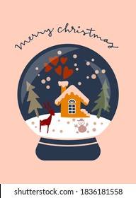 Merry Christmas. Snow ball with a winter forest, deer and a cozy little house. Vintage winter holidays calligraphic card. Christmas vintage artistic greeting card. Creative EPS10 vector illustration