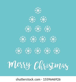 Merry Christmas Snow flake set. Fir tree. Cute cartoon triangle shape form. Happy New Year. Blue background. Isolated. Flat design. Vector illustration