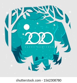 Merry christmas, Snow forest. Illustration winter coming. Merry Christmas and Happy New Year 2020 background. Paper art and craft style