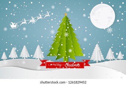 Merry christmas, Snow forest. pines in winter Paper vector Illustration