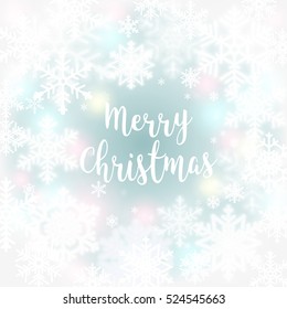 Merry Christmas snow frame for text .Message and light background with snowflakes. Winter holiday vector illustration
