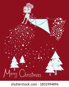 Merry Christmas snow girl, magic winter fairy. Vector holiday postcard on red background. Cartoon elements of snowfall and Christmas trees for decoration and invitations.