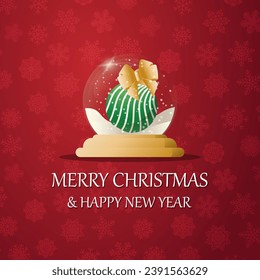 Merry christmas snow globe with a  Christmas ball under the snow. New Year gift. Concept for holiday, winter holidays, New Year, Christmas