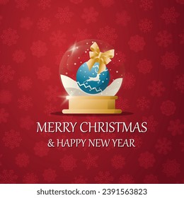 Merry christmas snow globe with a  Christmas ball under the snow. New Year gift. Concept for holiday, winter holidays, New Year, Christmas