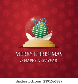 Merry christmas snow globe with a  Christmas ball under the snow. New Year gift. Concept for holiday, winter holidays, New Year, Christmas
