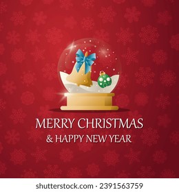 Merry christmas snow globe with a  Bell under the snow. New Year gift. Concept for holiday, winter holidays, New Year, Christmas