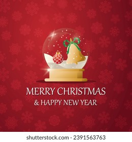 Merry christmas snow globe with a  Bell under the snow. New Year gift. Concept for holiday, winter holidays, New Year, Christmas