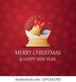 Merry christmas snow globe with a  Bell under the snow. New Year gift. Concept for holiday, winter holidays, New Year, Christmas